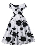 Black Off The Shoulder Flower Print 1950s Vintage Swing Dress