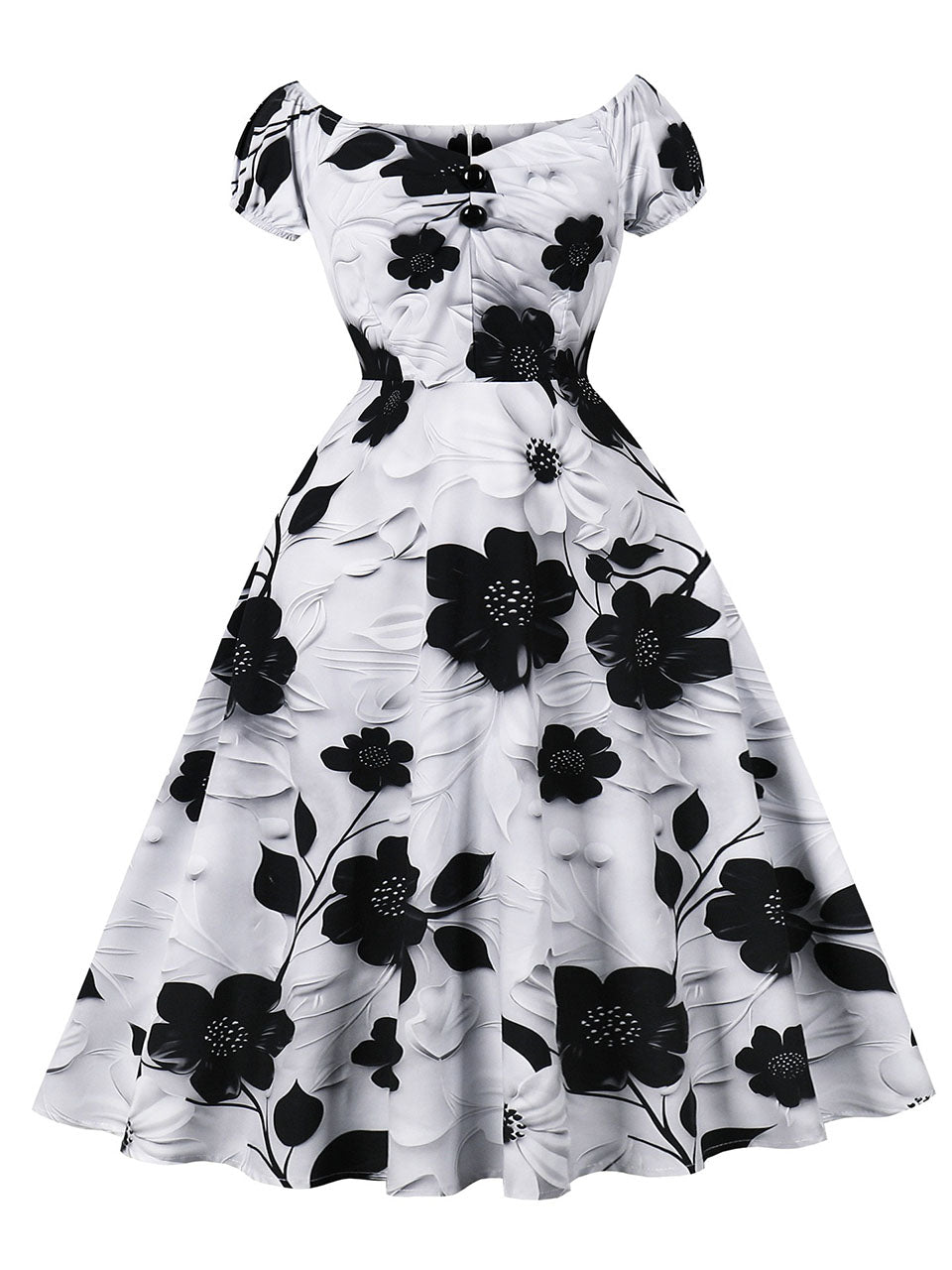 Black Off The Shoulder Flower Print 1950s Vintage Swing Dress