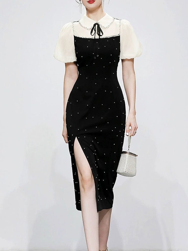 Black Peter Pan Collar Puff Sleeve Split Party Dress