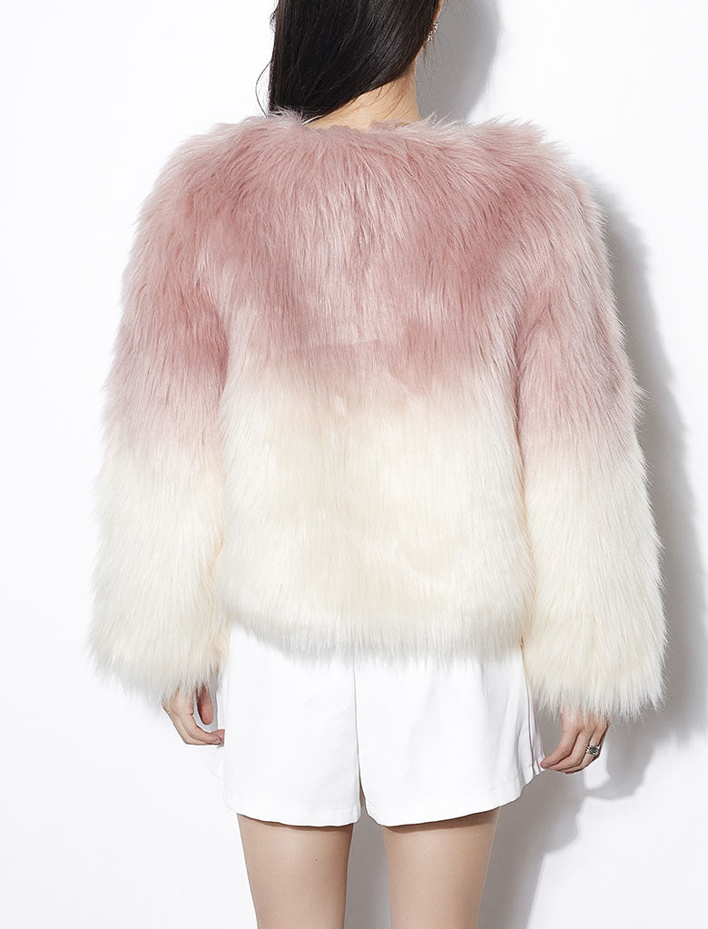 Gradient Color Faux Fur Long Sleeve Coat Winter Coat