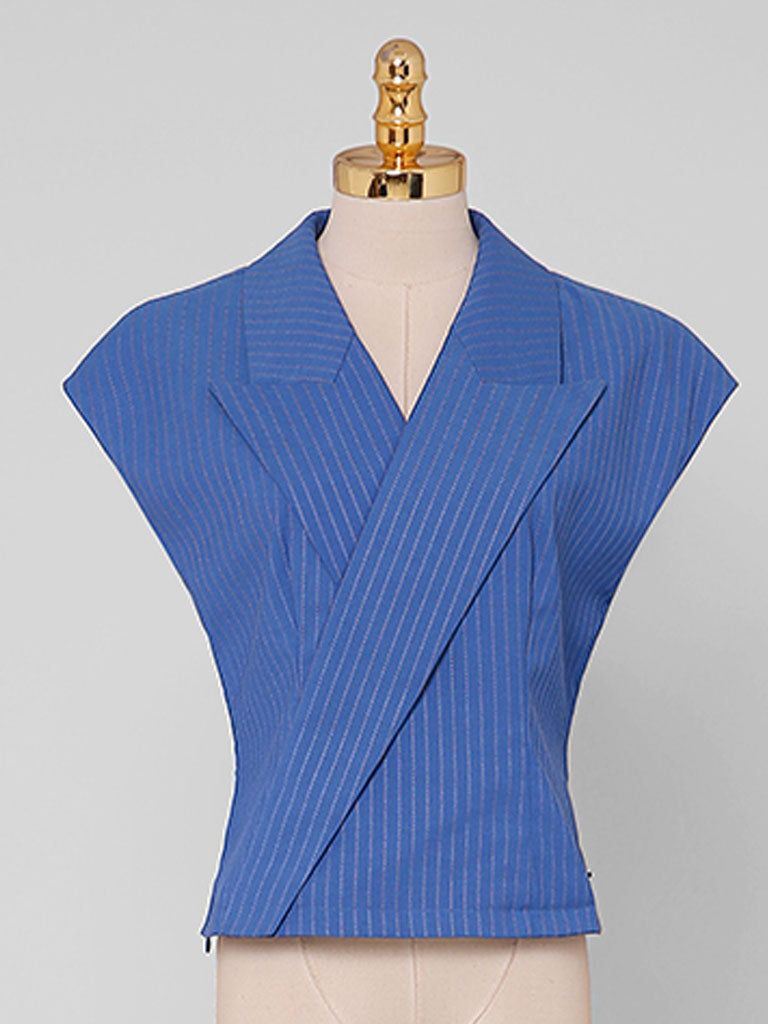 2PS Blue Vertical Striped Lapel Sleeveless Slim Top High Waist Asymmetric Short Skirt Set