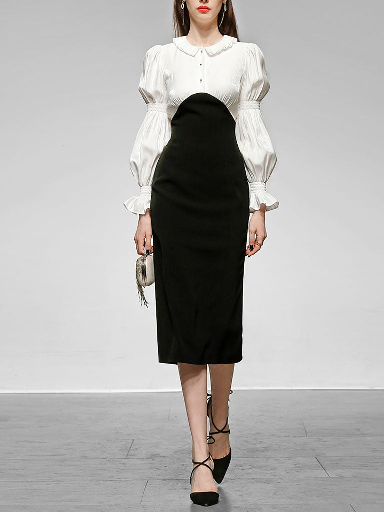White Peter Pan Collar Long Sleeve Fake Two Piece Little Black Dress