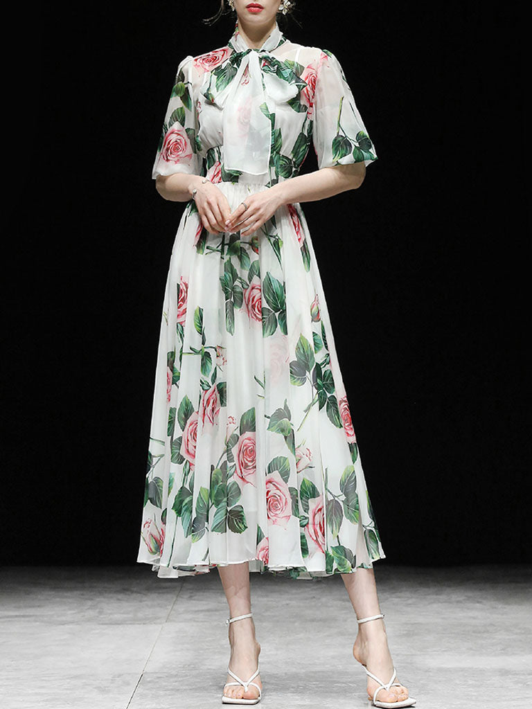 Big Bowknot Tropical Rose Print Maxi Dress
