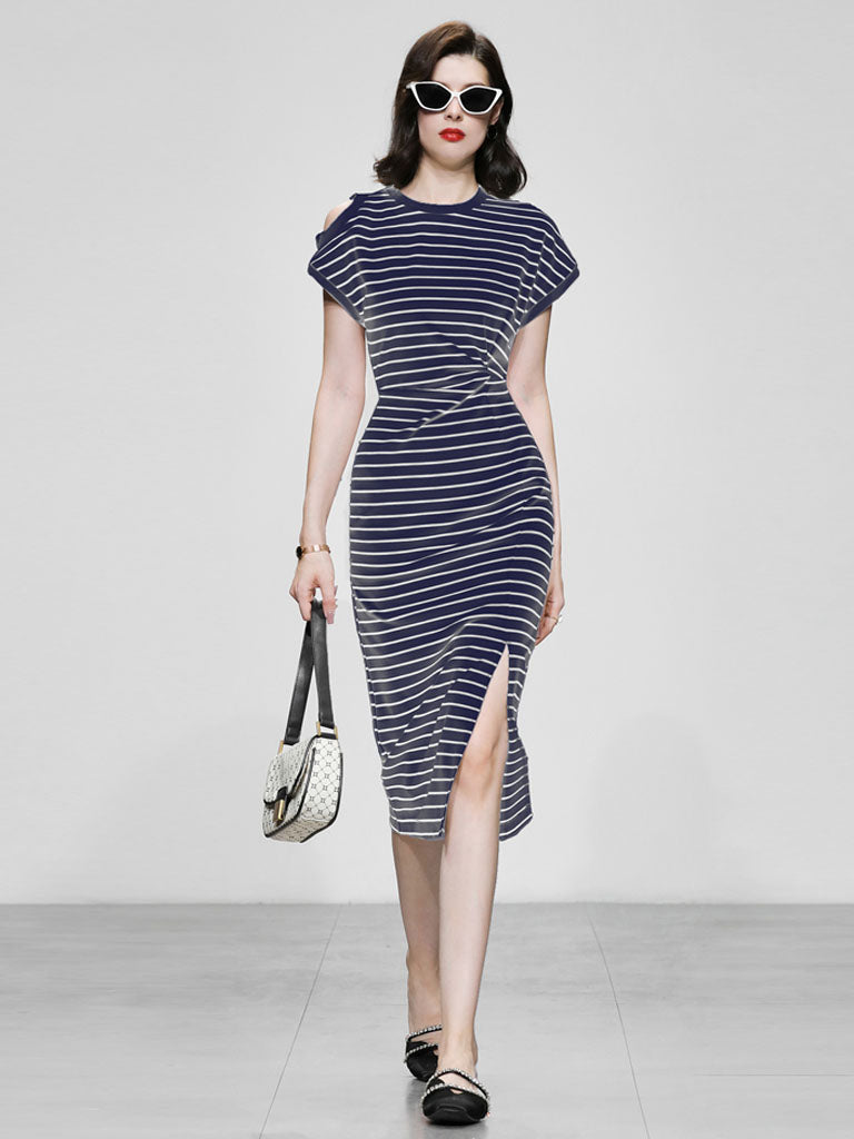 Striped Crew Neck Slit Casual Bodycon Dress