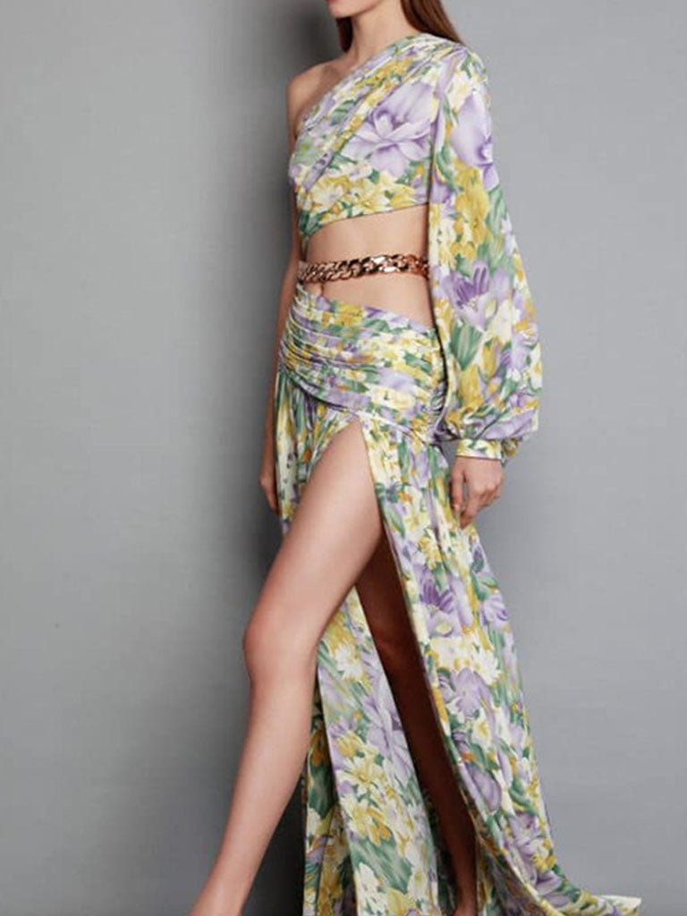 Floarl Print One Shoulder Hollow High Slit Maxi Dress