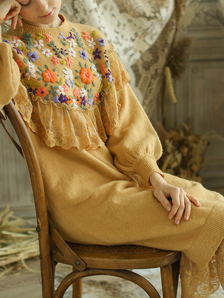 Embroidered Flower Puff Sleeve Vintage Knitting Sweater Dress
