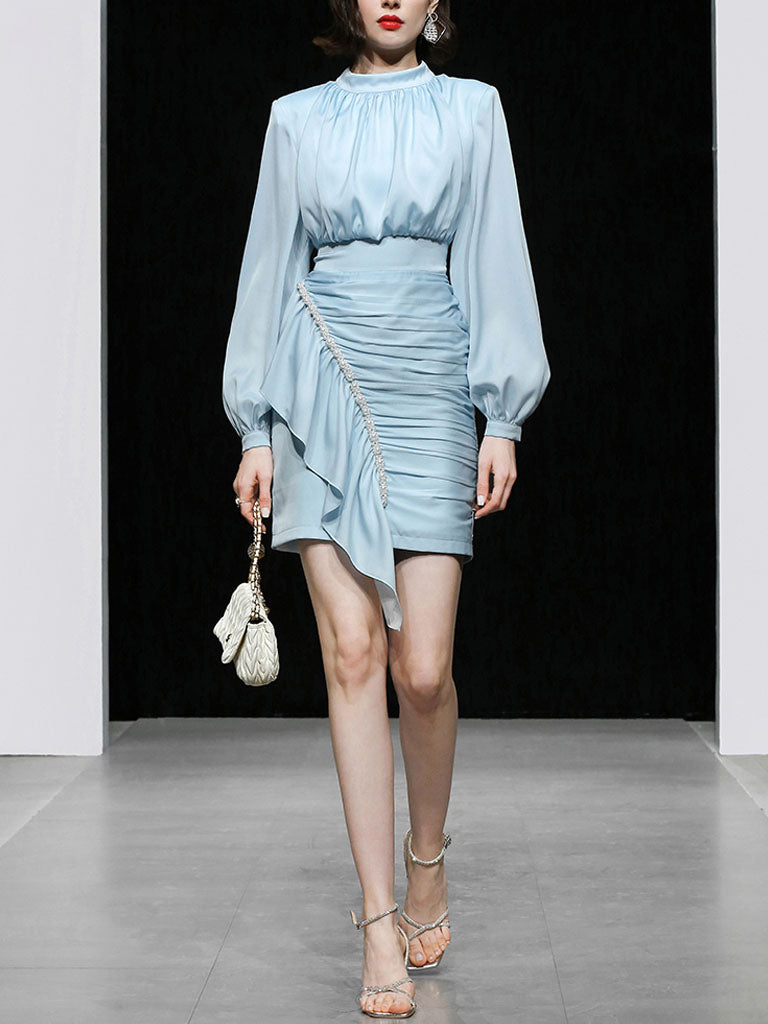 Blue Lantern Long Sleeve Crinkled Bodycon Satin Party Dress