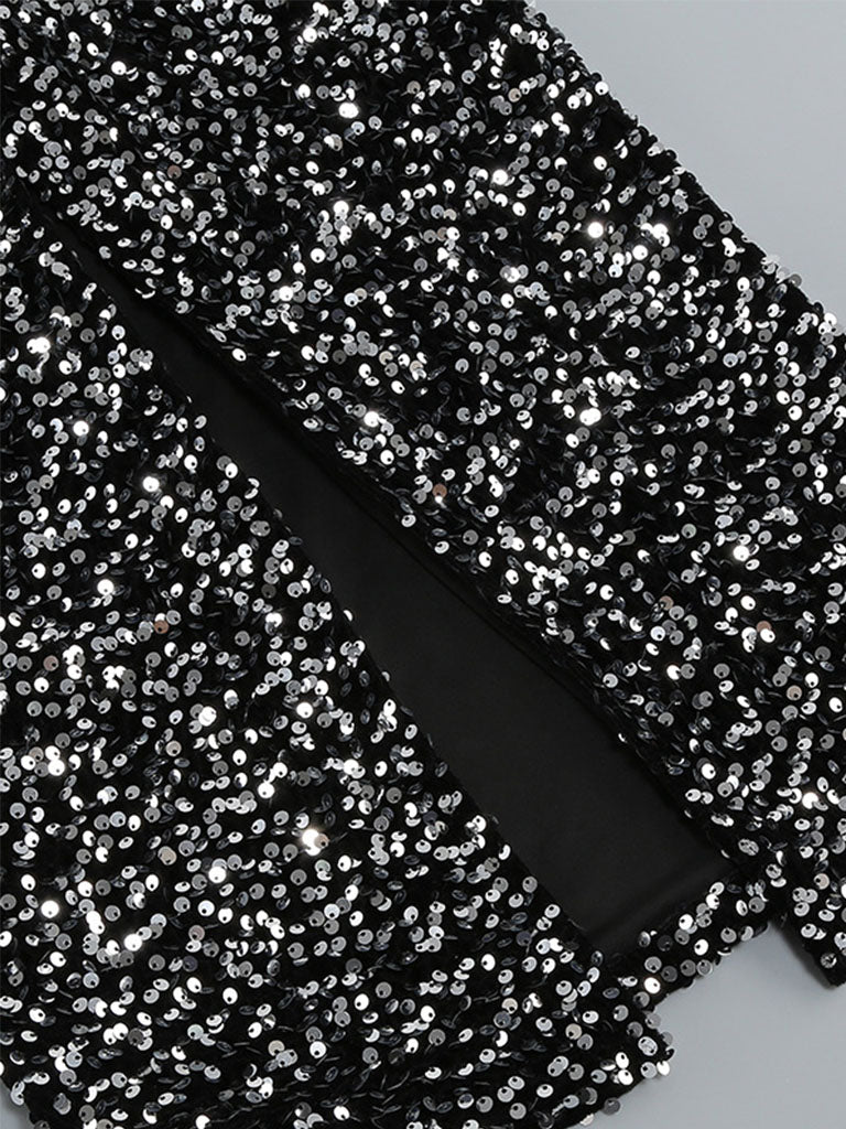 Black Sweet Feather Hem Sequin Long Sleeve Bodycon Gown Party Dress