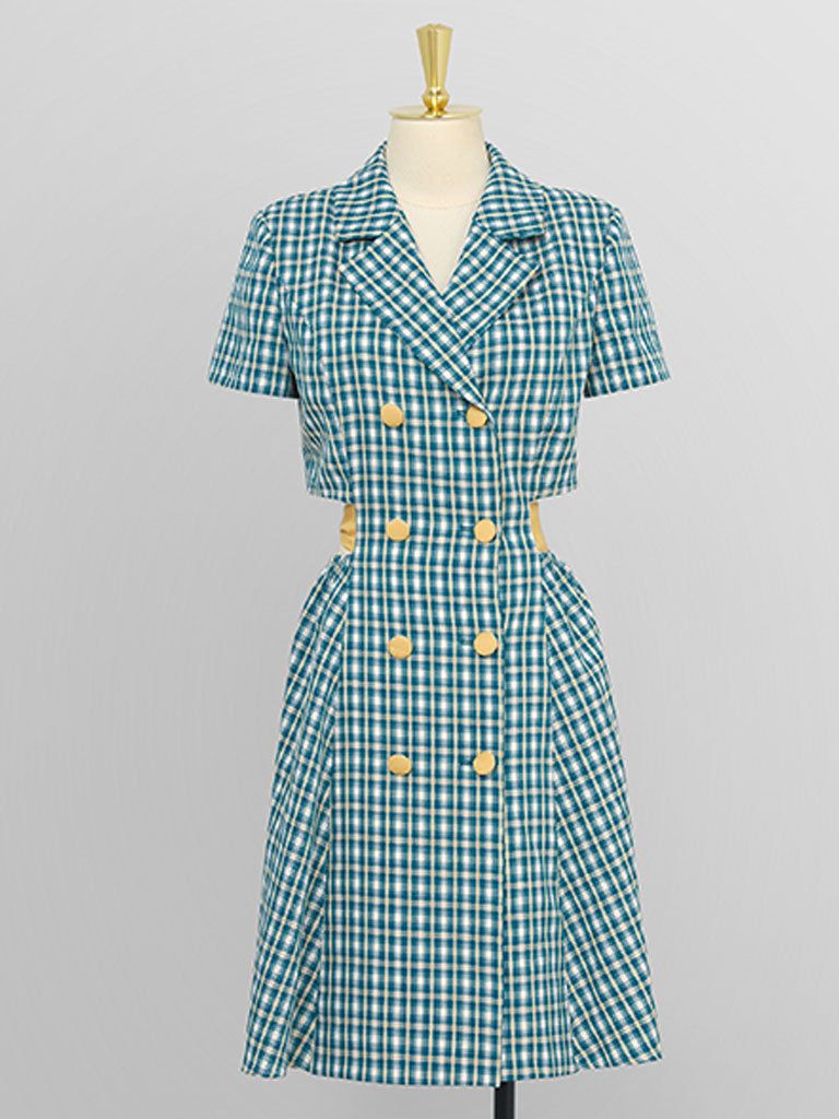 Blue Plaid Short Sleeve Waist Back Waist Hollow Bow Dress