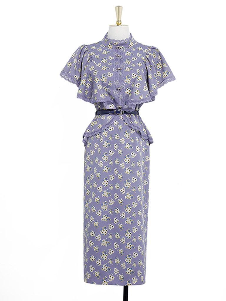 Lavender Lace Collar Ruffles Sleeve Floral Print 1930S Vintage Dress
