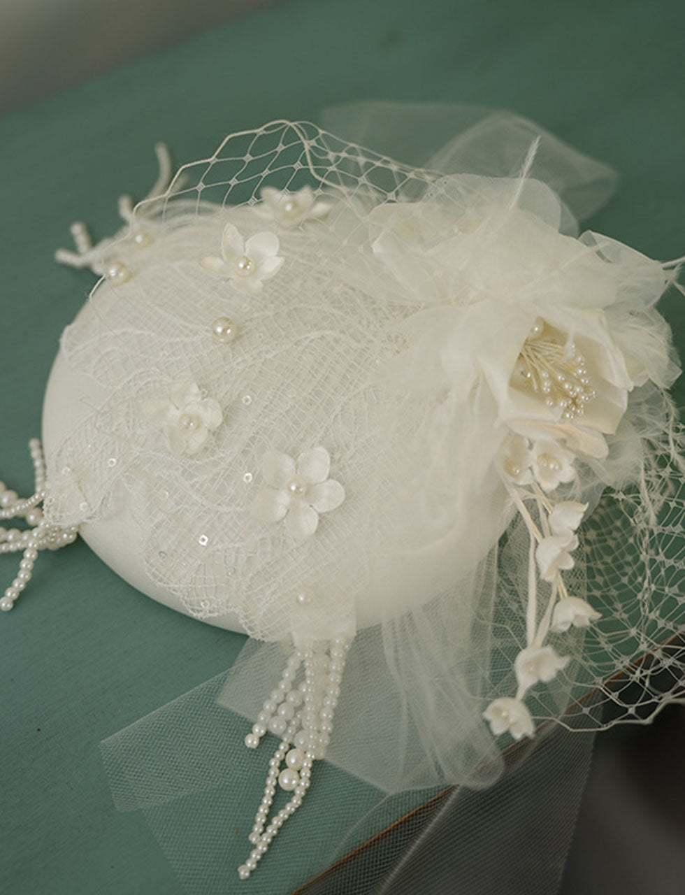 White Handmade Flowers Satin Birdcage Veil Wedding Vintage Hat