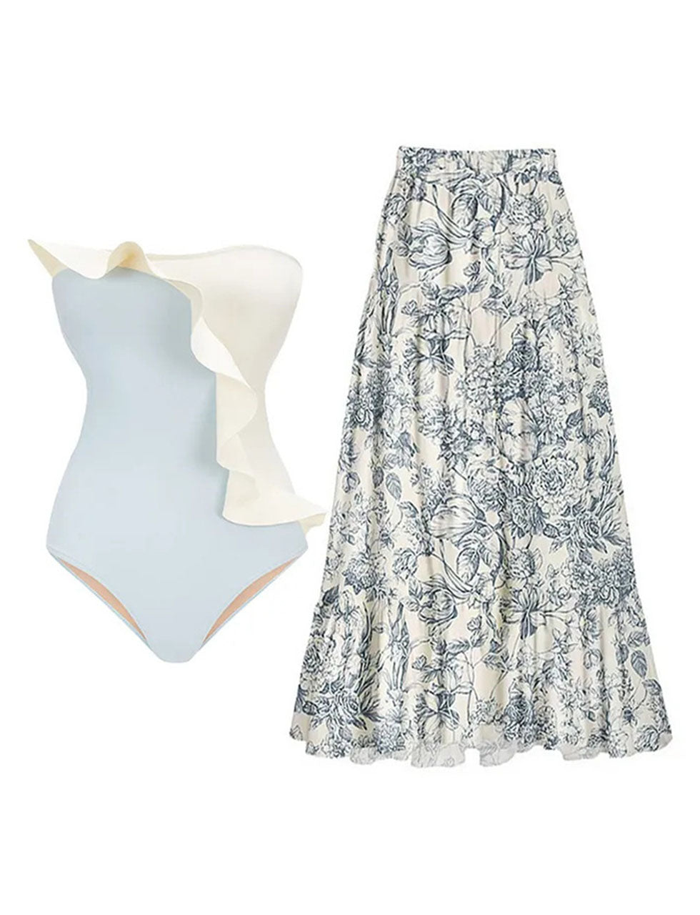 Blue Retro Style Ruffles One Piece