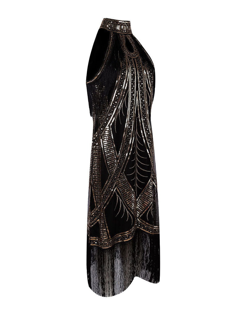 Apricot Cold Shoulder Gatsby Glitter Fringe 1920s Flapper Dress