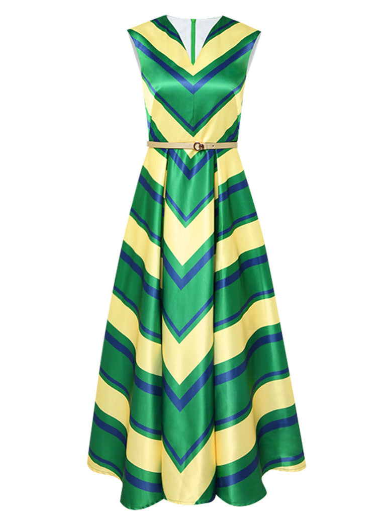 Yellow And Green V Neck Stripes 1950S Hepburn Style Outfits Vintage Swing Dress