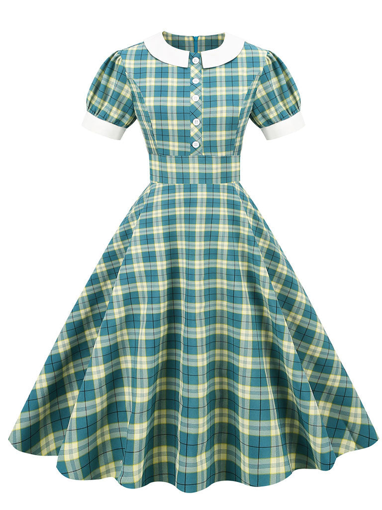 Green Plaid Peter Pan Collar Hepburn Style Puff Short Sleeved Elegant 1950S Swing Dress