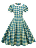 Green Plaid Peter Pan Collar Hepburn Style Puff Short Sleeved Elegant 1950S Swing Dress