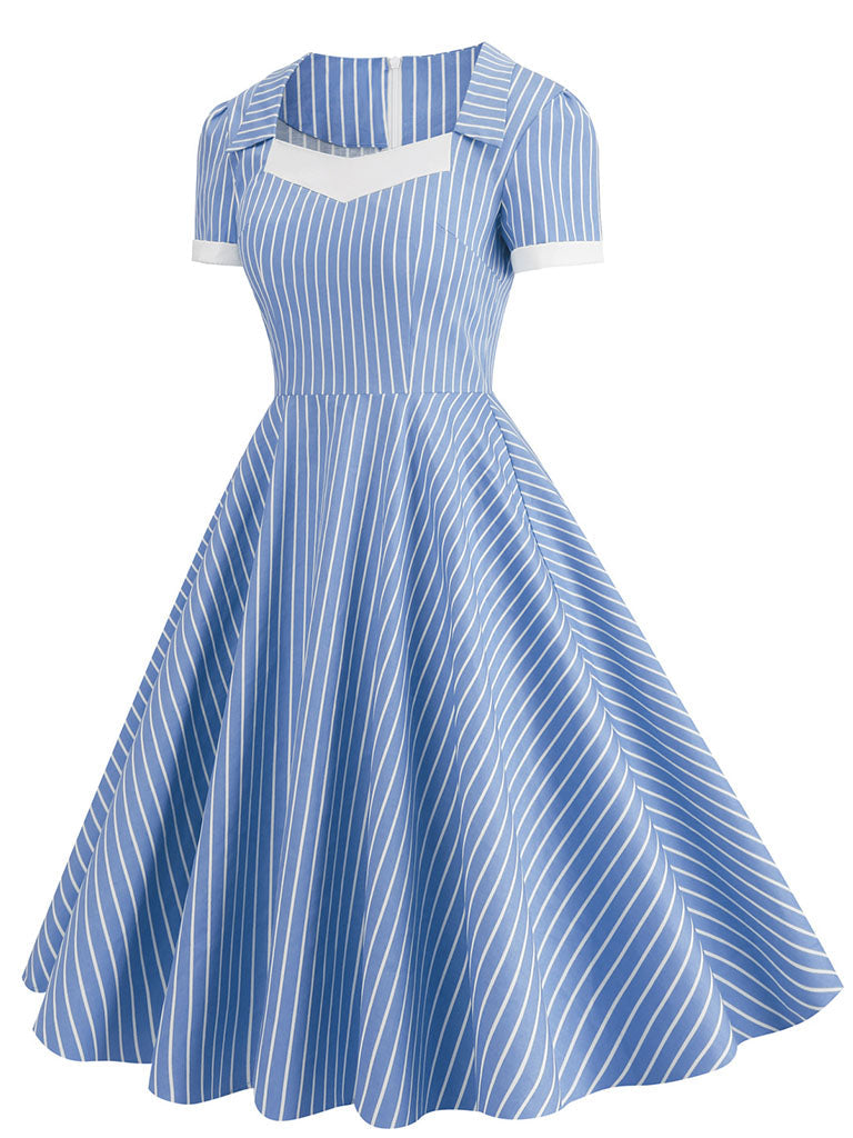 Square Collar Stripe 1950S Vintage Dress