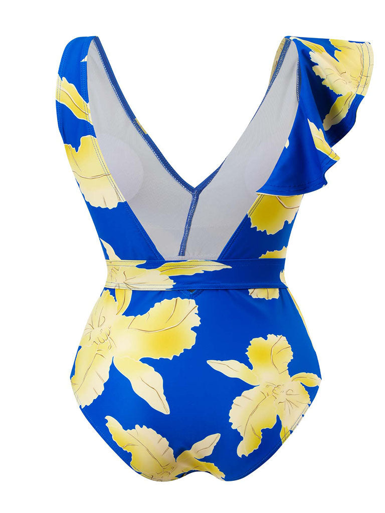 Blue Floral Print Ruffles Strap One Piece