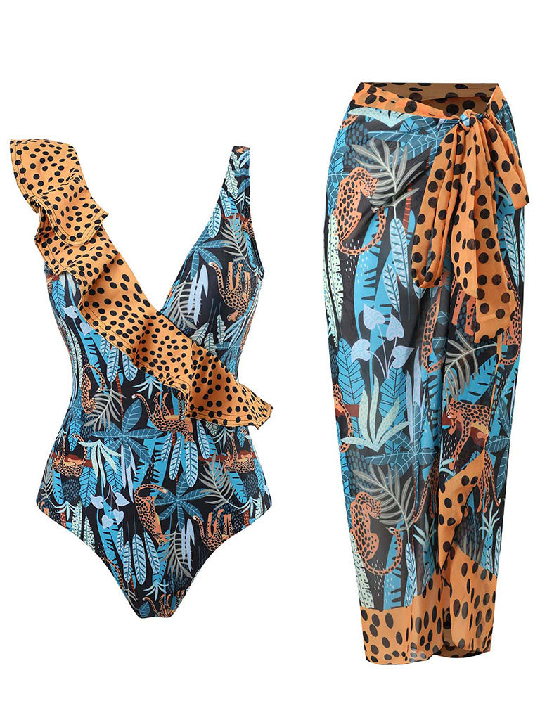 Blue Leopard Print V Neck One Piece