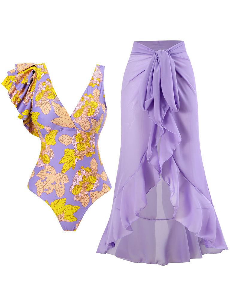Purple Leaf Print V Neck One Piece