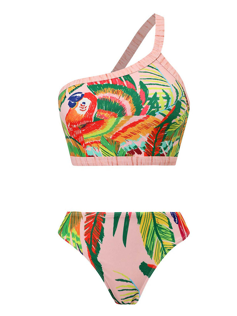 One Shoulder Floral Print Strap Two Pieces