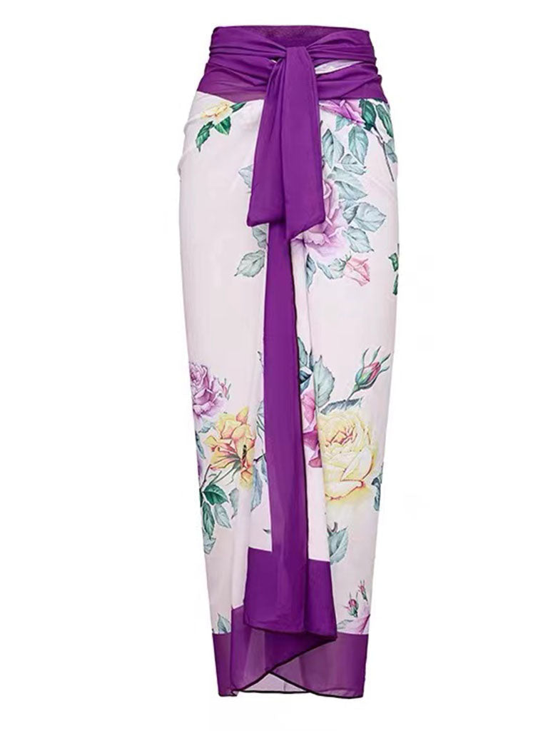 Purple Floral Print Bow Strap One Piece