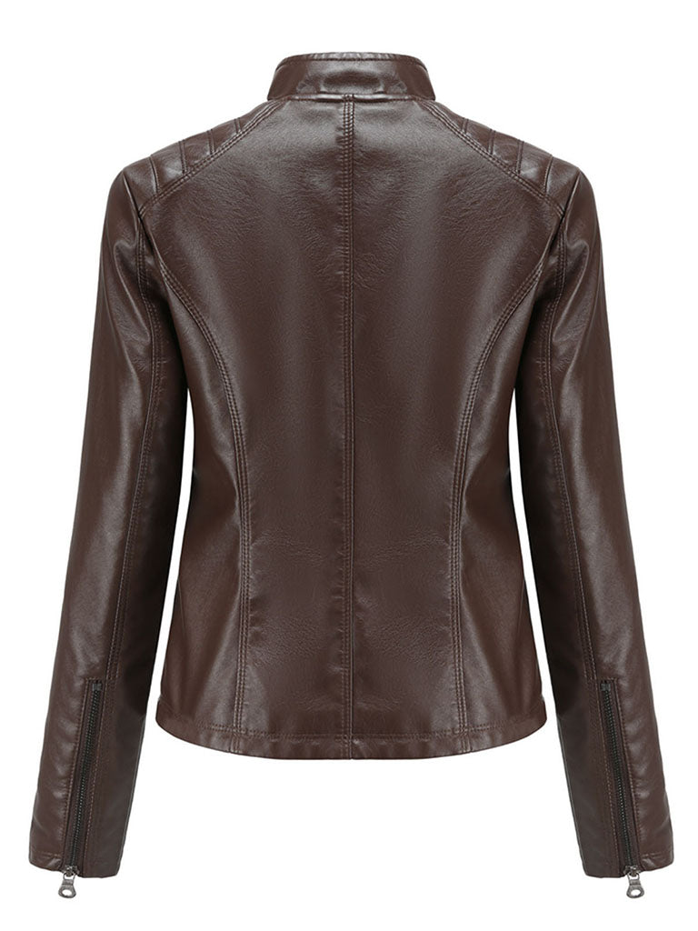 Stand Collar Long Sleeve PU Leather Motorcycle Jacket