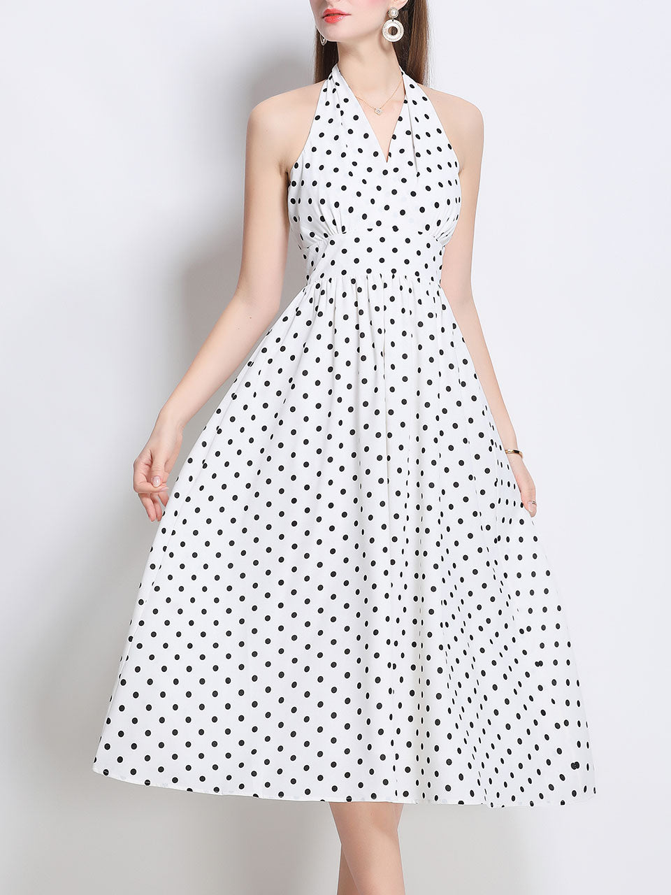 1950S Hepburn Style Outfits Polka Dots Halter Swing Dress
