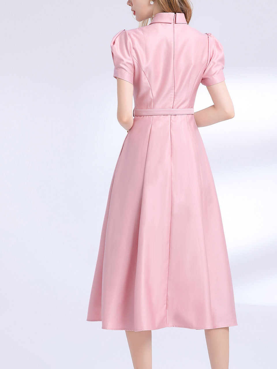 Pink Satin Bowknot Short Sleeve Classic 1950S Vintage Sweet Party Dress