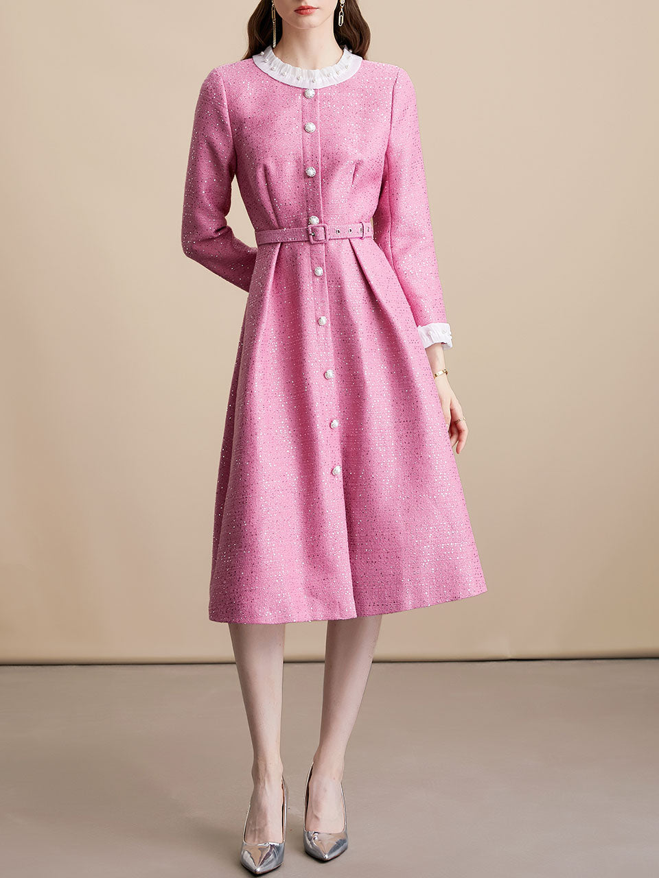 Pink Sequins Long Sleeve Classic 1950S Vintage Dress Coat