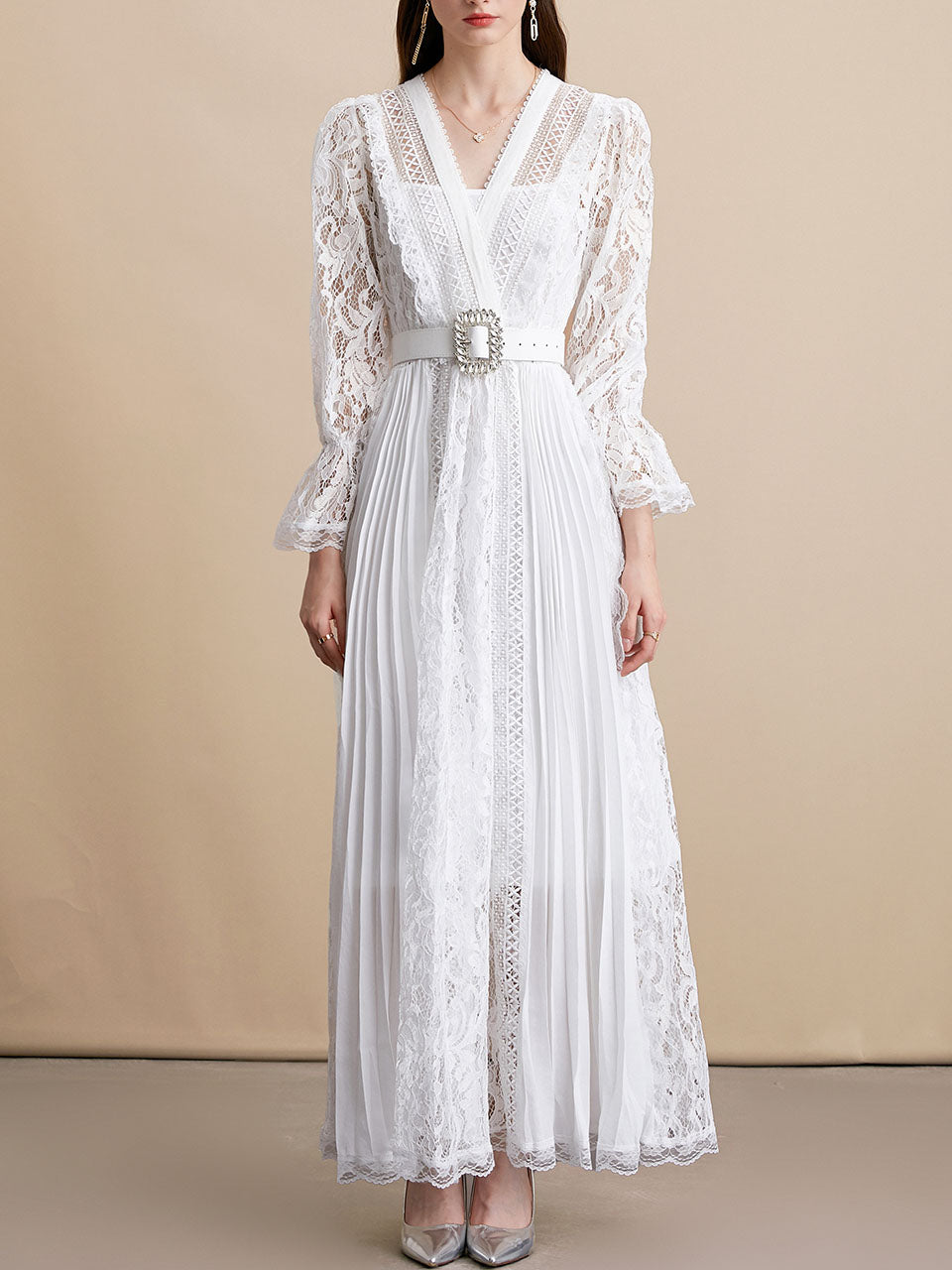 White V Neck Long Sleeve Classic 1950S Vintage Lace Dress