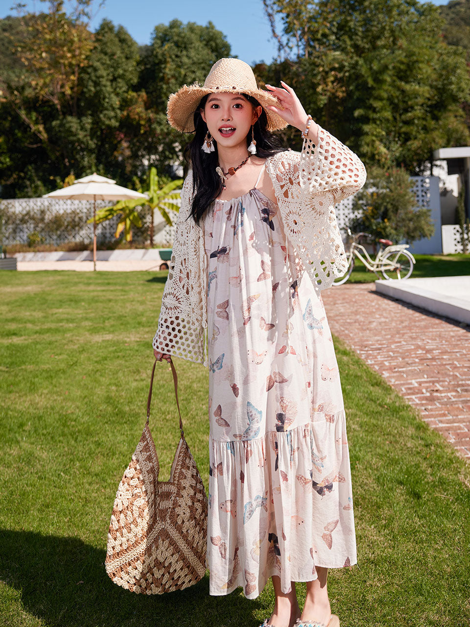 Bohemian Retro Sweet Butterfly Print Beaded Strap Boho Maxi Dress