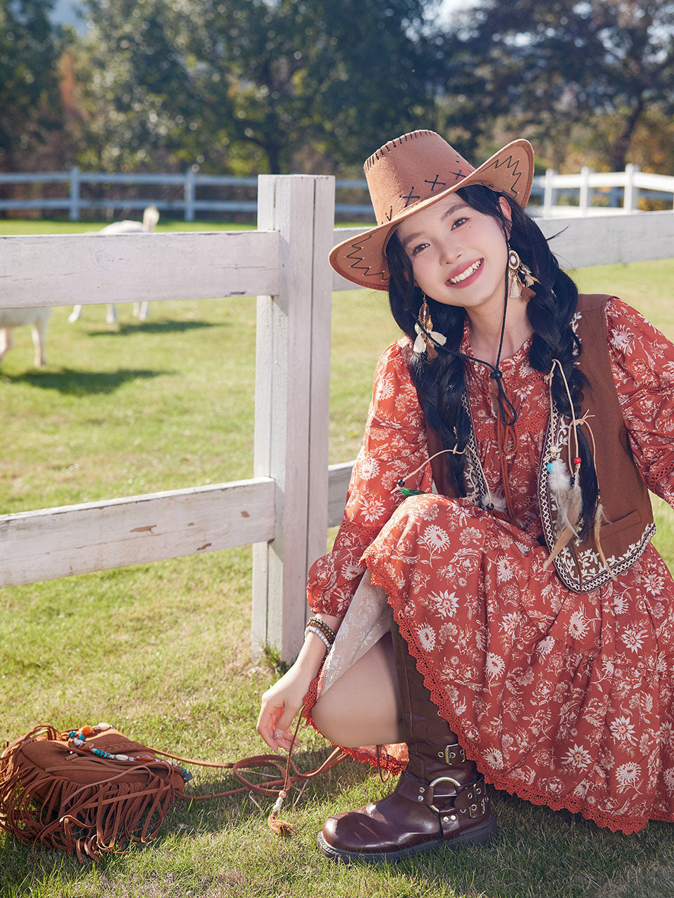 Bohemian Orange Printed Long-sleeved Mini Dress