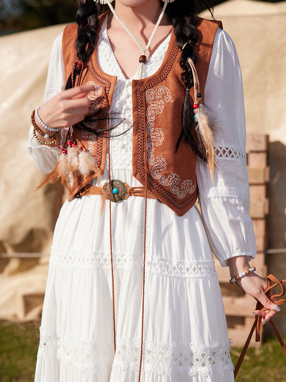 Bohemian White Long-sleeved Cotton Tassel Maxi Dress