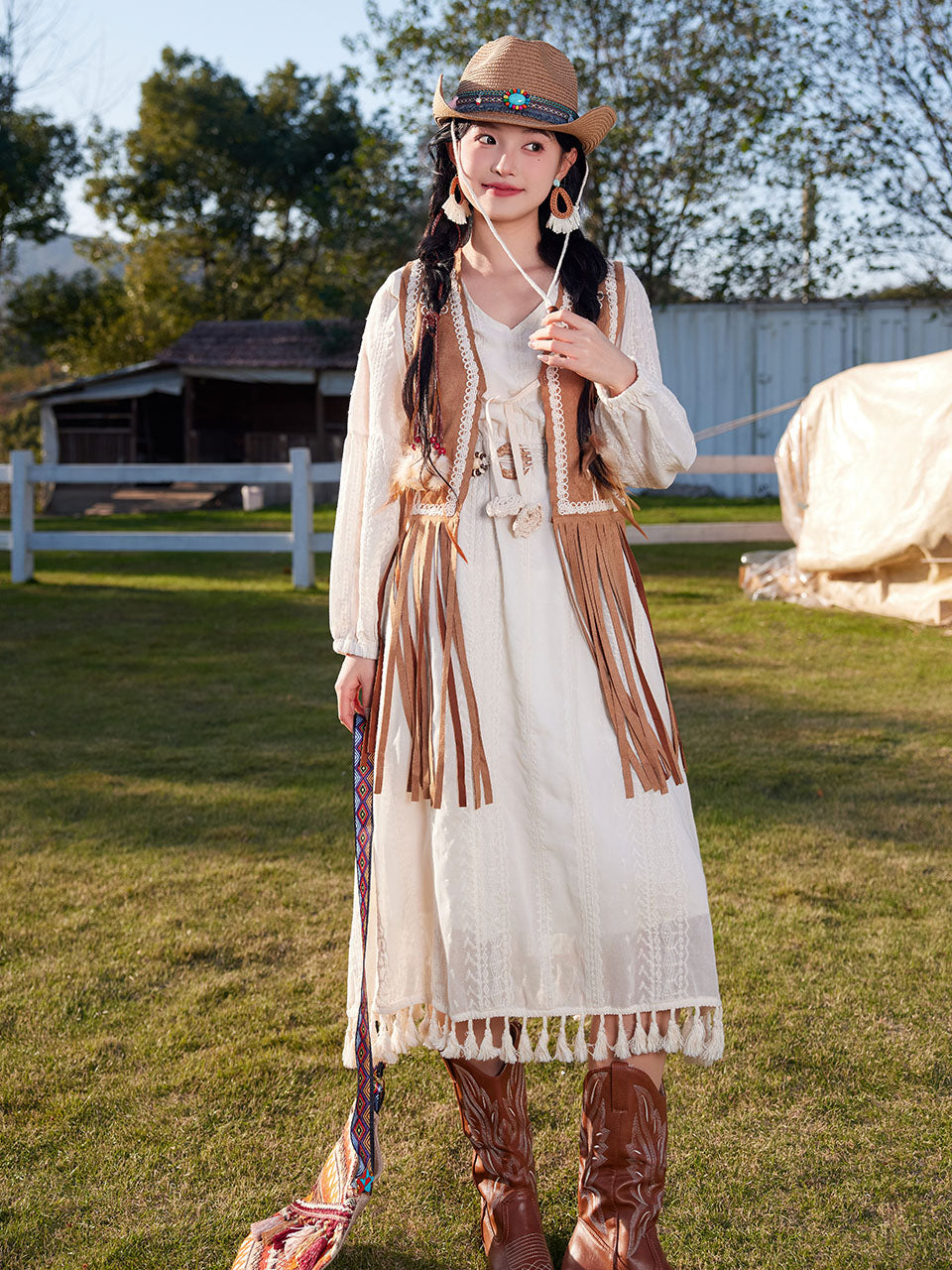 Bohemian White Tassel Cotton Maxi Dress