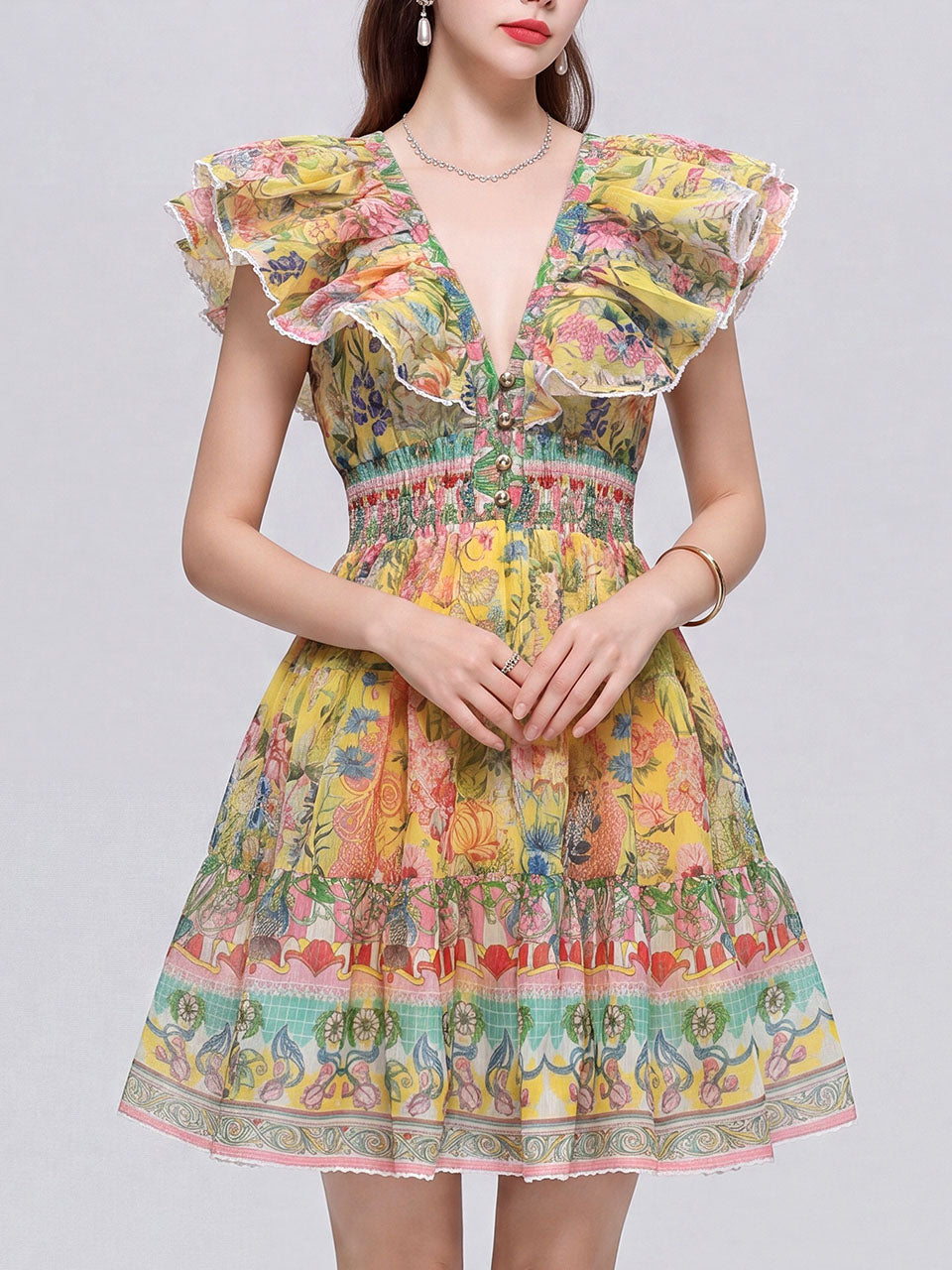 Boho Yellow Floral Printed Chiffon V-Neck Ruffled Summer Beach Mini Dress