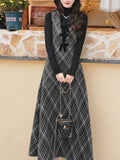 2PS Black Bowknot Retro Plaid Suspender Dress