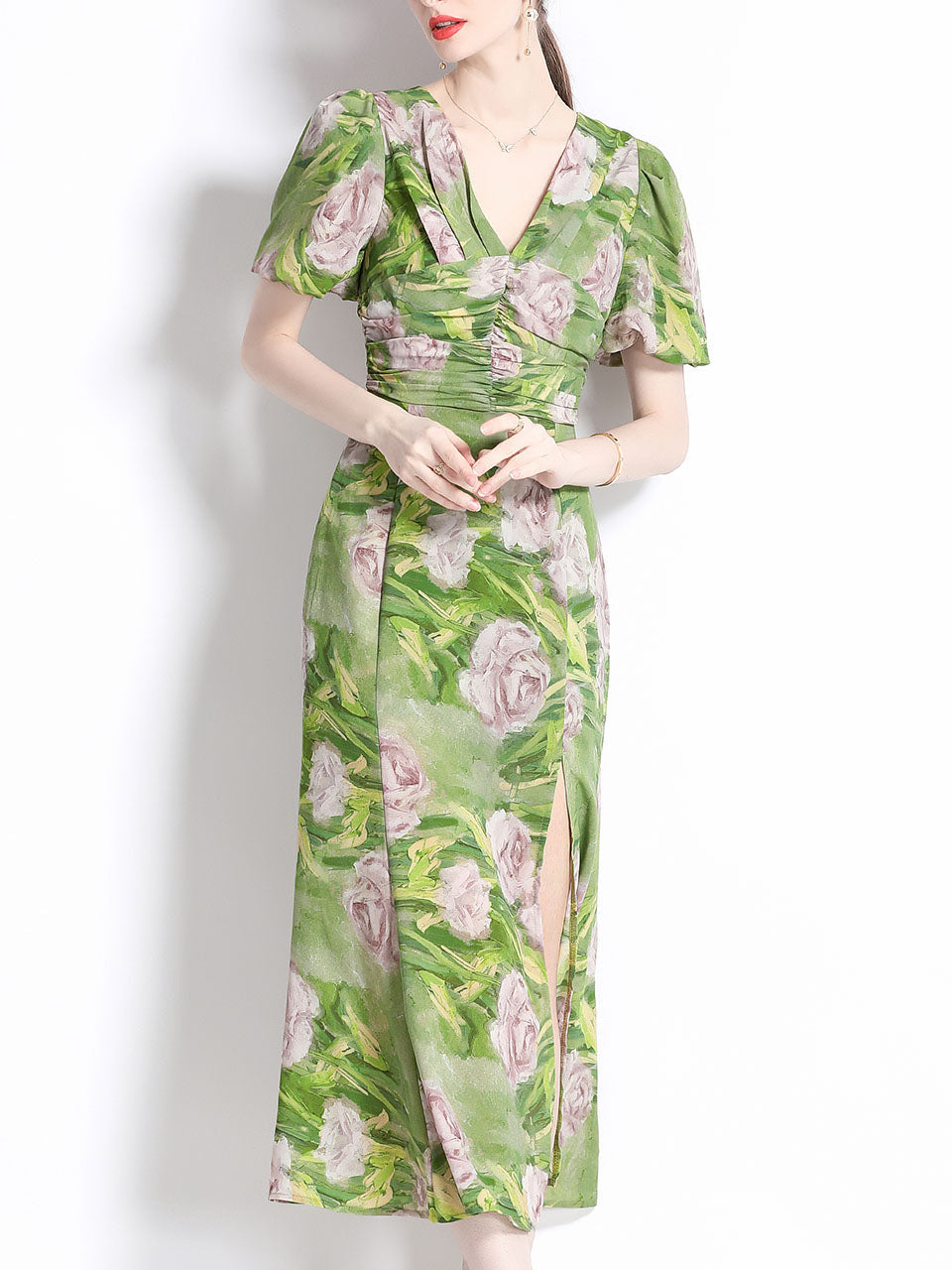 Green V-neck Puff Sleeves Floral Print Slit Bodycon Dress