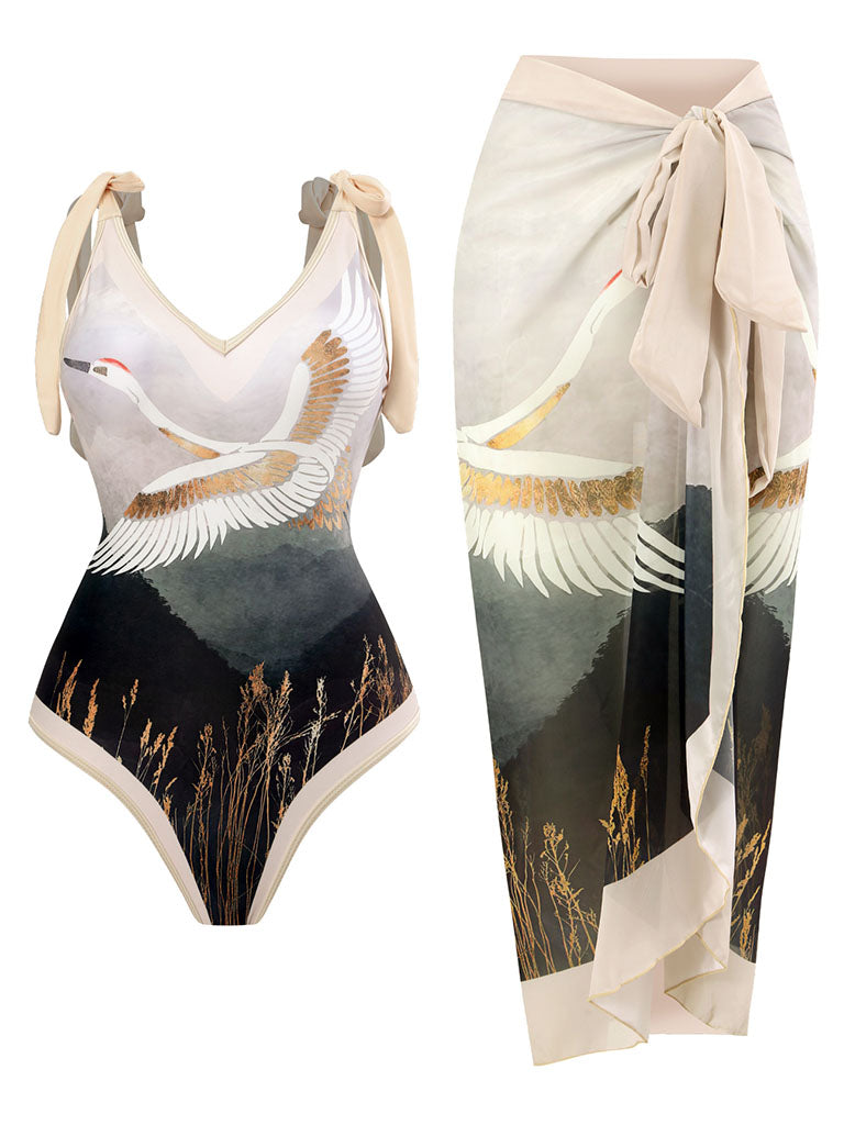 Cranes Bird Print Retro Style V Neck One Piece