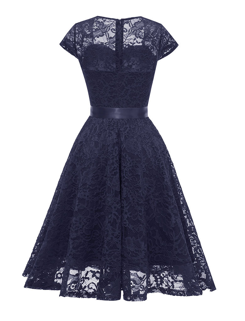 Navy Semi Sheer Solid Color 50s Party Lace Swing Dress