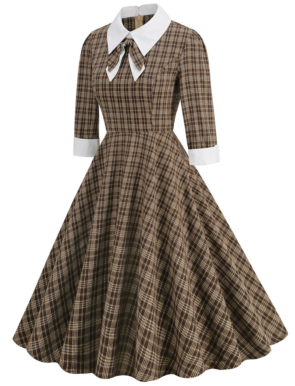 Big BowKnot Brown Plaid 3/4 Sleeve 1950S Vintage Dress Inspired By Mrs. Maisel