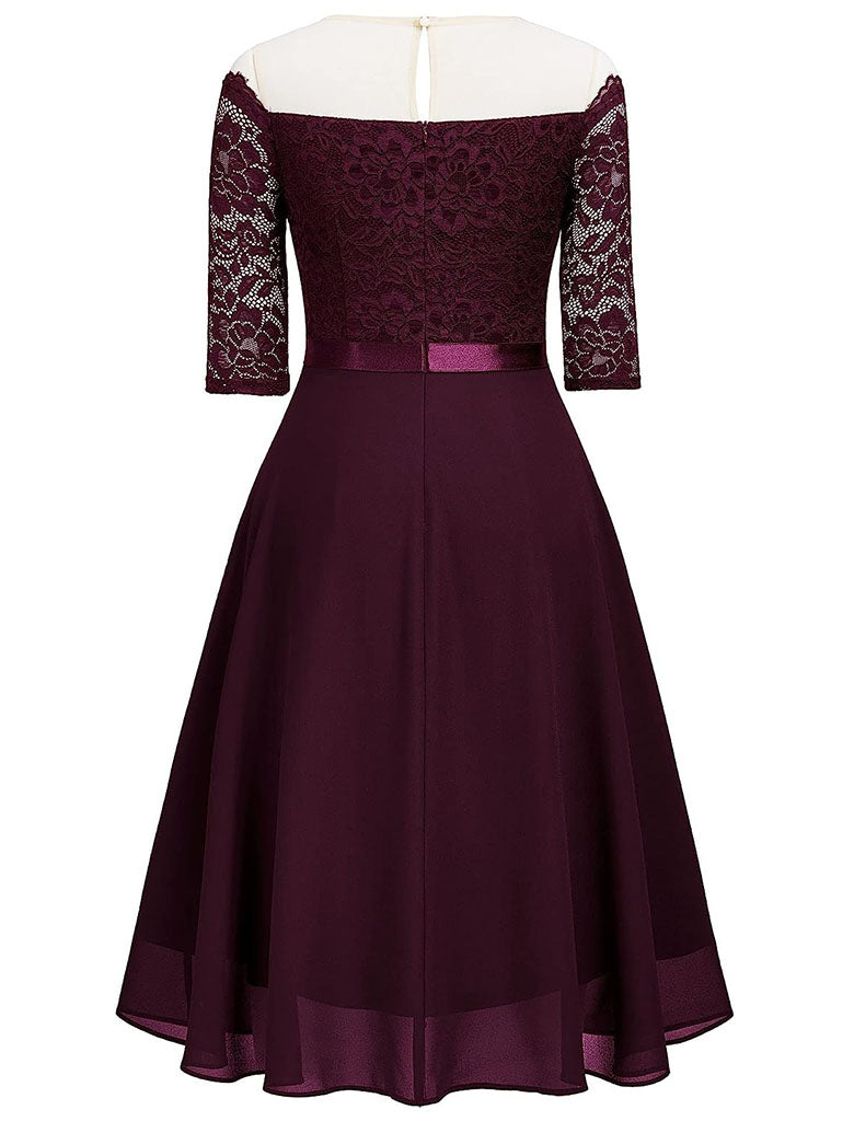 Semi Sheer Solid Color 50s Party Lace Swing Dress