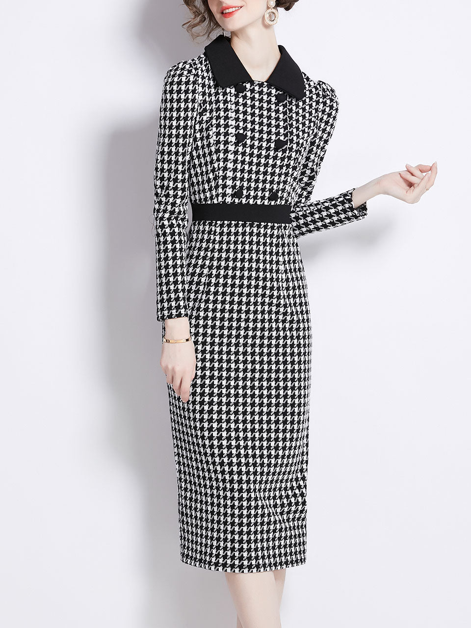 Black and White Houndstooth Peter Pan Collar Vintage Bodycon Dress