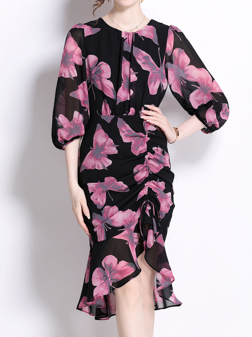 Purple Crew Neck Puff Sleeves Floral Print Slit Bodycon Dress