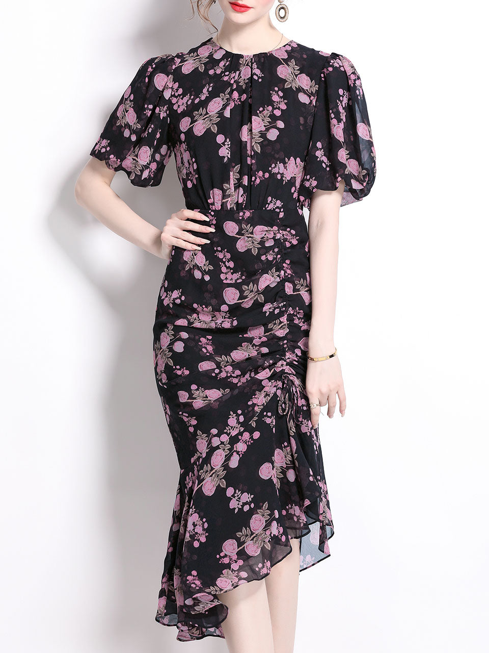 Black Crew Neck Puff Sleeves Floral Print Bodycon Dress