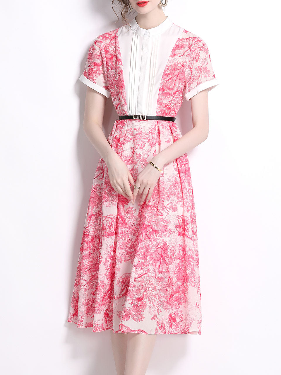 Pink Romantic Print Stand Collar Vintage Swing Dress