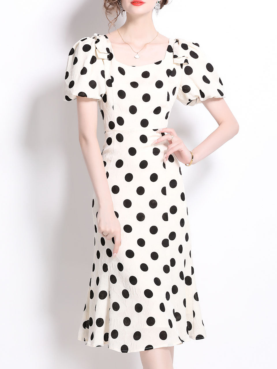 Black Polka Dots Vintage Puff Sleeves Bodycon Dress