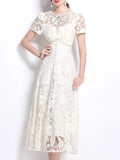 White Bowknot Neck Short Sleeve Vintage Lace Dress