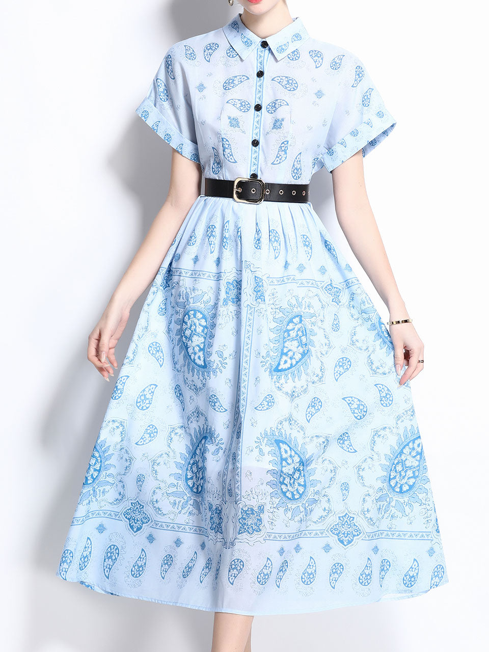 1940S Classic Shirt Collar Vintage Print Cotton Dress