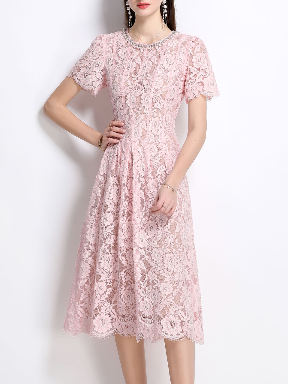 Pink Crew Neck Short Sleeve Classic 1950S Vintage Lace Dress